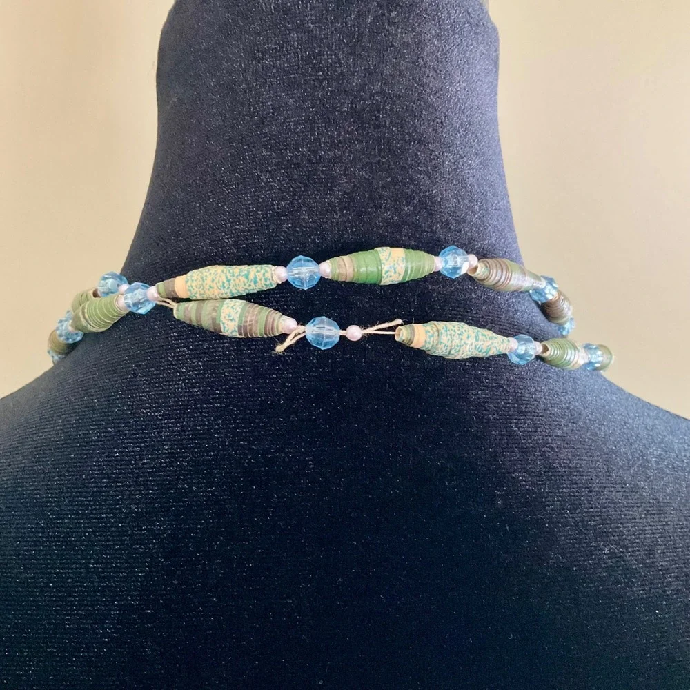 Handmade Paper Bead Necklace Green Blue Long Boho Indie Spindle Bead Strand 53in